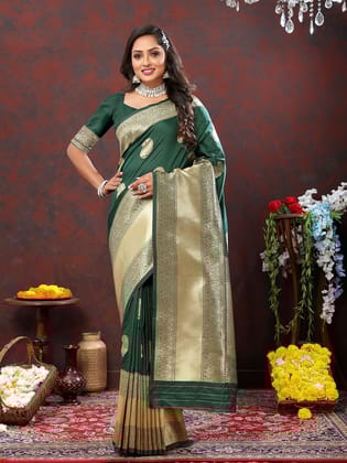Green Soft Silk Woven Design Gold Zari Weaving Saree