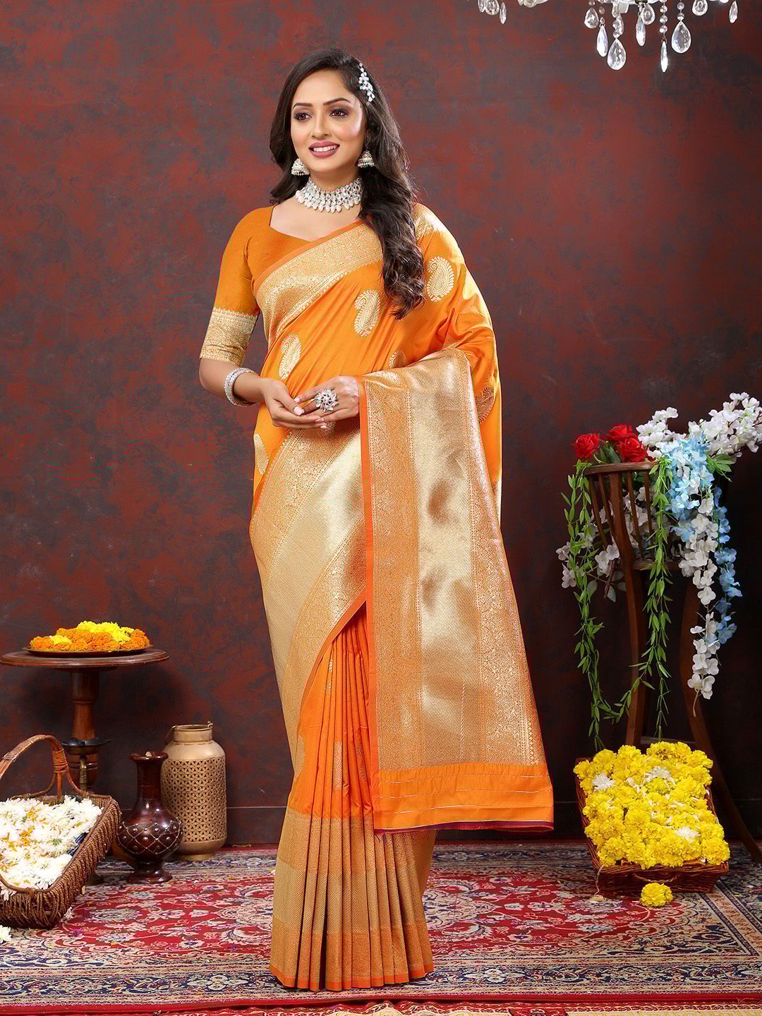 Orange Soft Silk Woven Design Gold Zari Weaving Saree