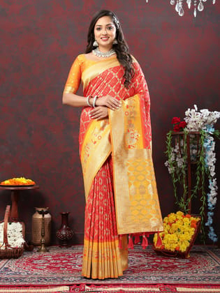 Red & Yellow Patola Silk Woven Design Meenakari Weaving Saree