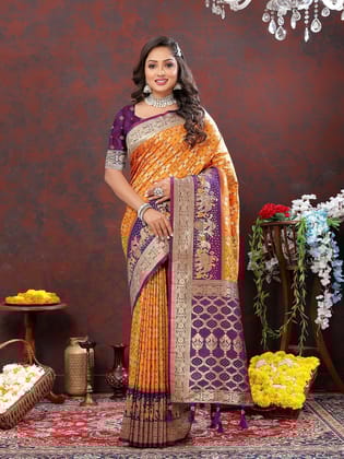 Orange & Wine Patola Silk Woven Design Meenakari Weaving Saree