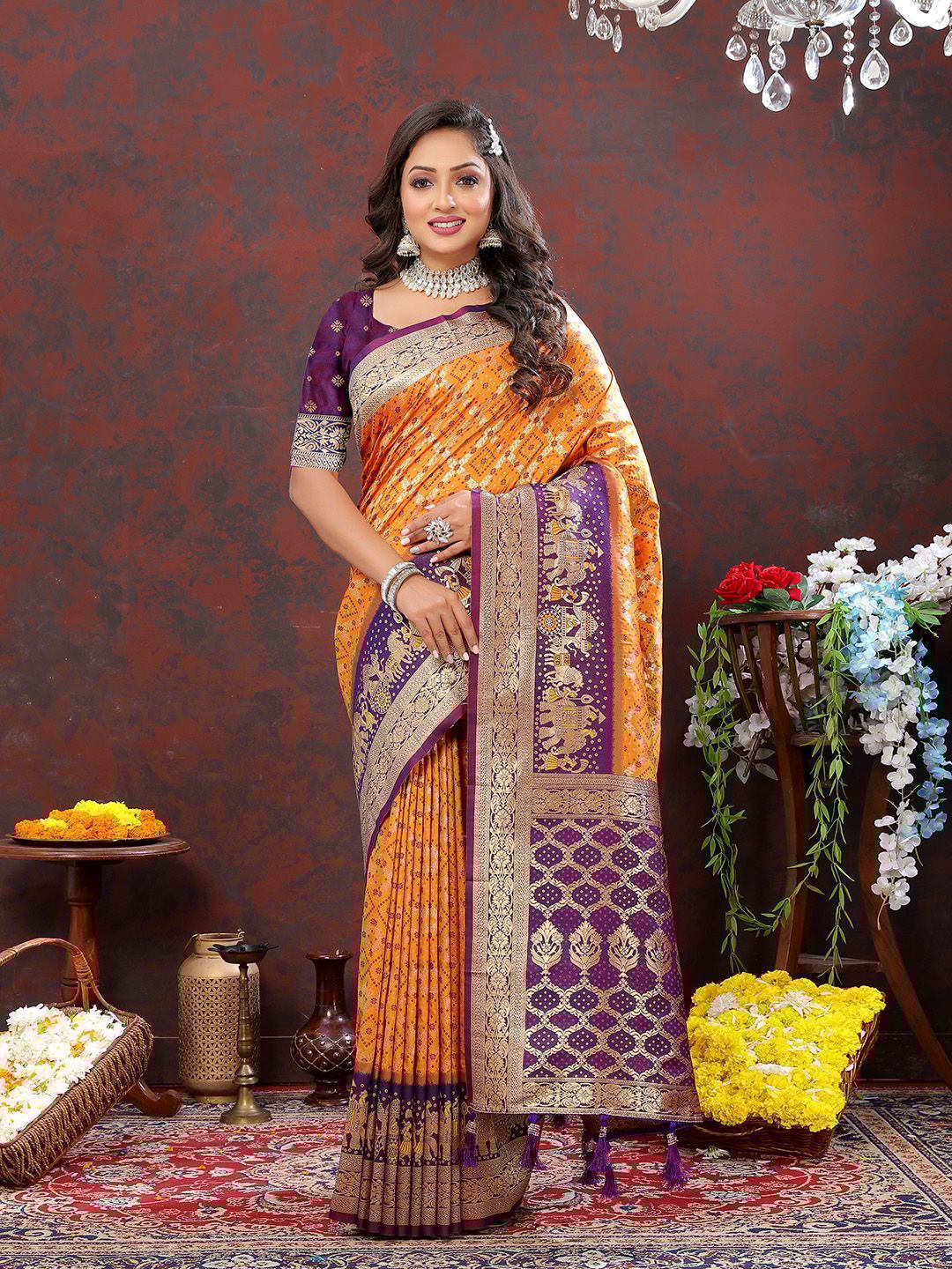 Orange & Wine Patola Silk Woven Design Meenakari Weaving Saree