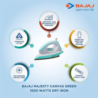 BAJAJ by BAJAJ ELECTRICAL LIMITED Majesty Canvas Green 1000 W Dry Iron (Green