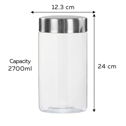 PEARLPET Transparent Plus Jar Container with Stainless Steel Matt Finish Cap, 2700 ML Set of 3 Pieces