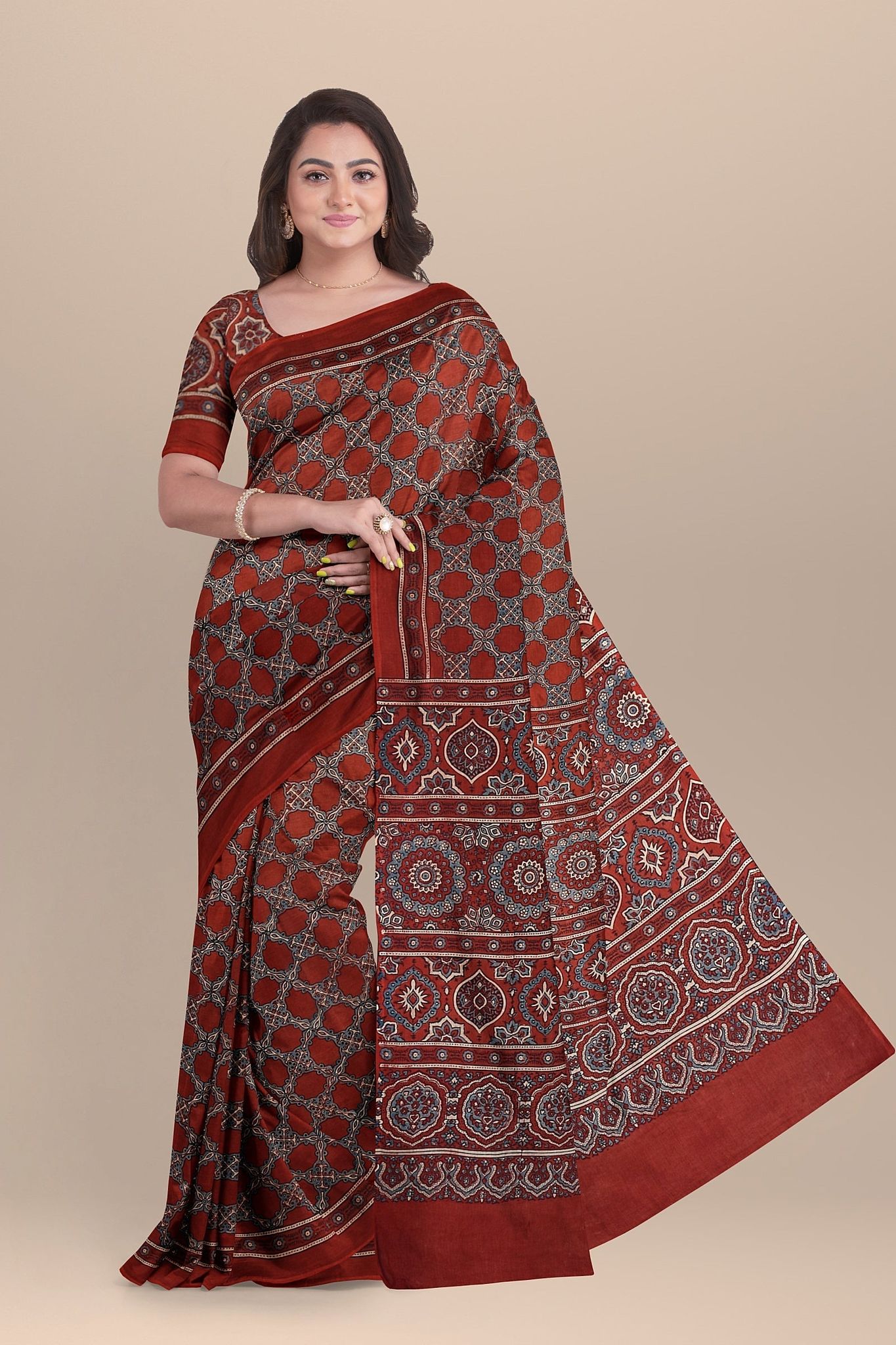 Pastel Red Ajrakh Hand Block Print Cotton Saree with Floral Motif SKU-BS10152
