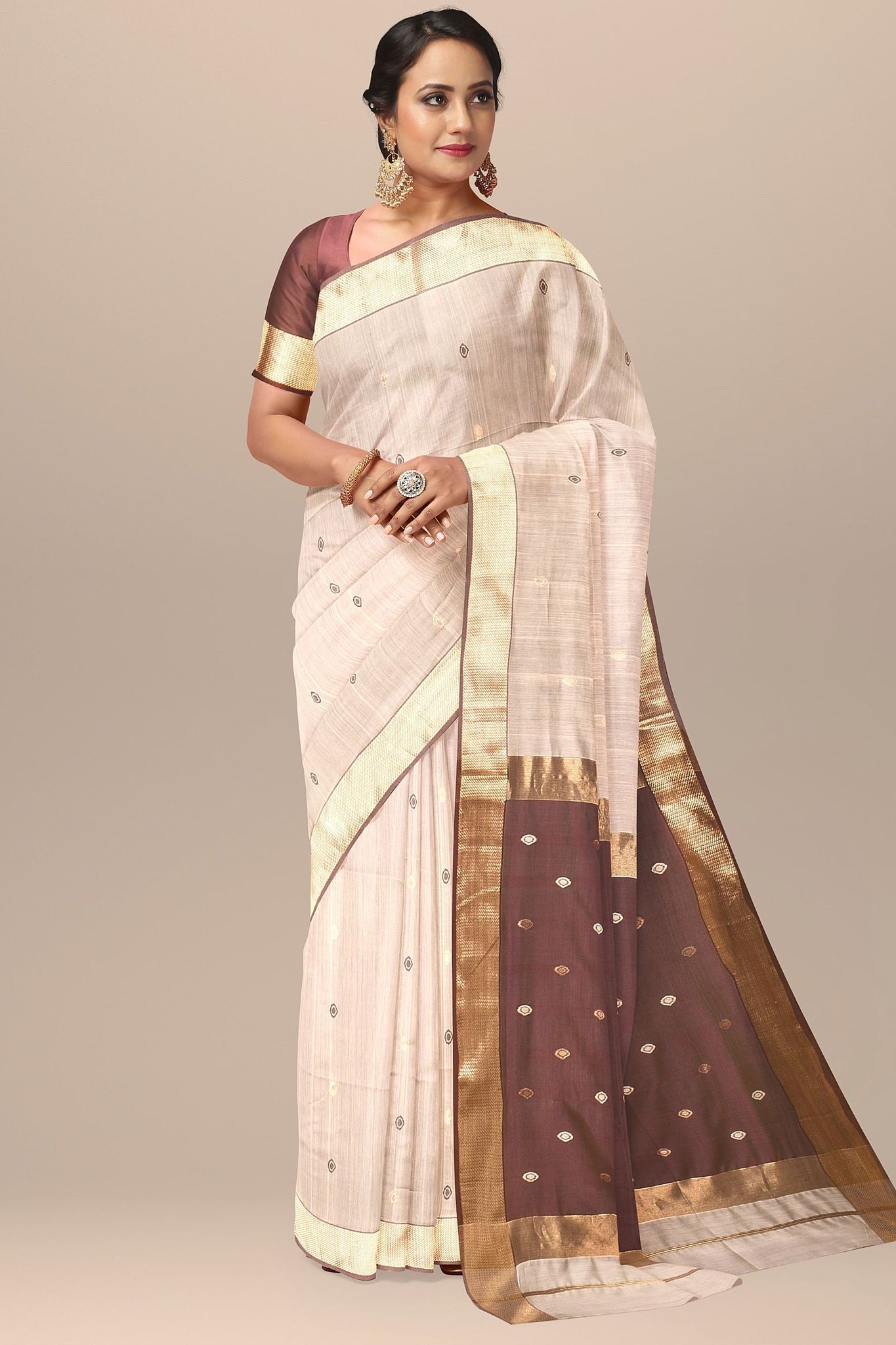 Beige Handwoven Diya Buti  Maheshwari  Silk with Zari Border Saree SKU-BS10056