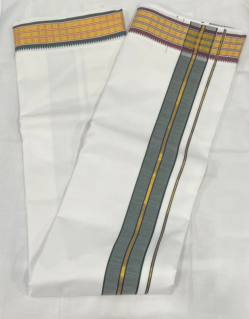 Angavastram Dhotis Free Size Double Dhoti/Mundu with Fancy Silk Border - Comes with Towel