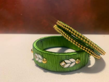 NVSB014-Olive green with gold beads silk thread bangle