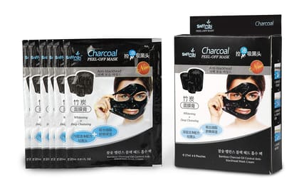 Saffron Naturals Bamboo Charcoal Peel-Off Mask | Set of 6 pouches, 27ml each.