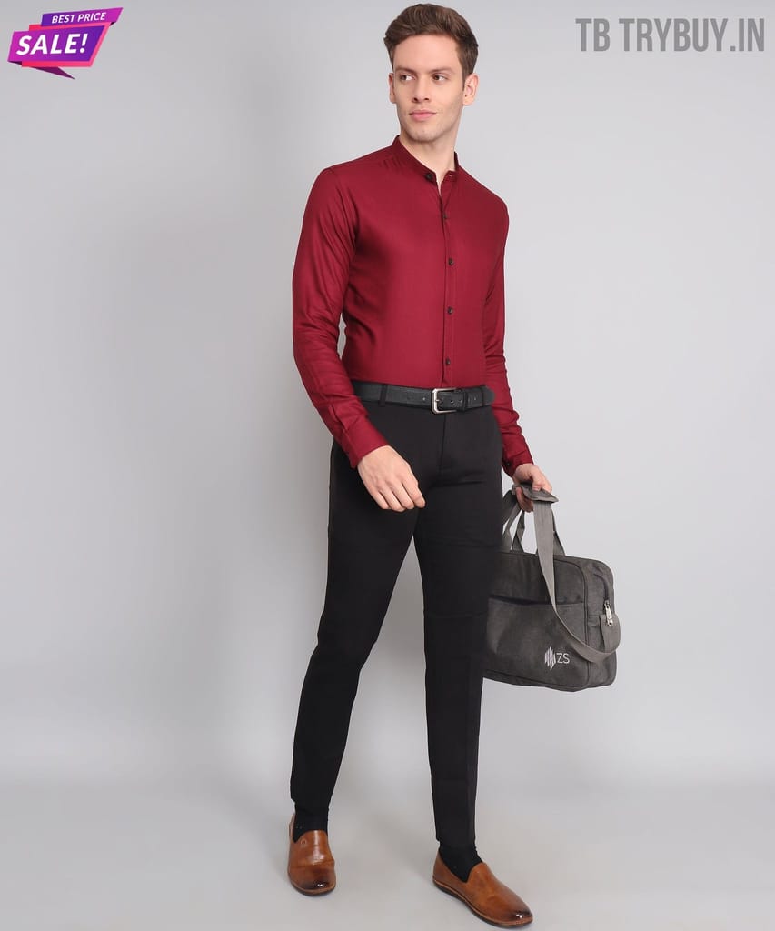 Mandarin Collar Maroon Men's Shirt