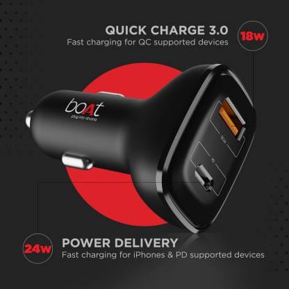 boAt 18 W Turbo Car Charger  (Black, With USB Cable)