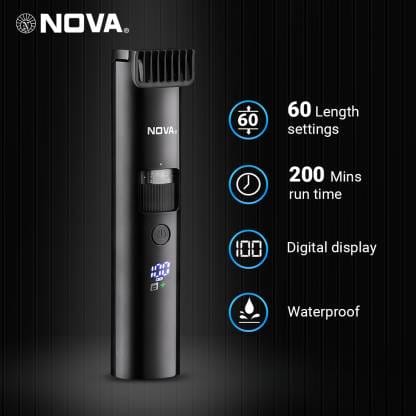 NOVA NHT 1100 Digital Waterproof Trimmer 200 min Runtime 60 Length Settings  (Black)