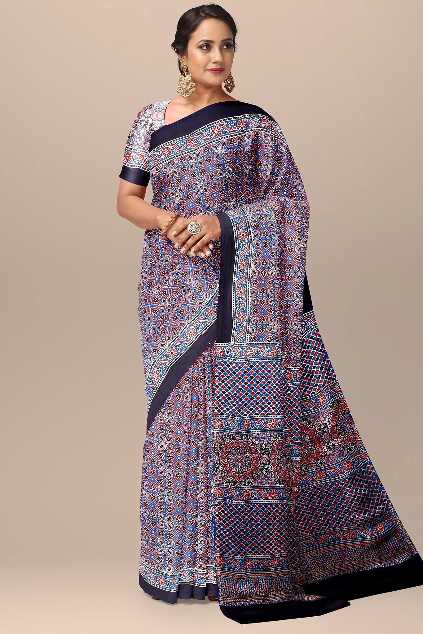 Black Ajrakh Hand Block Printed Modal Silk Saree with Floral and Geometrical Print   SKU-BS10147