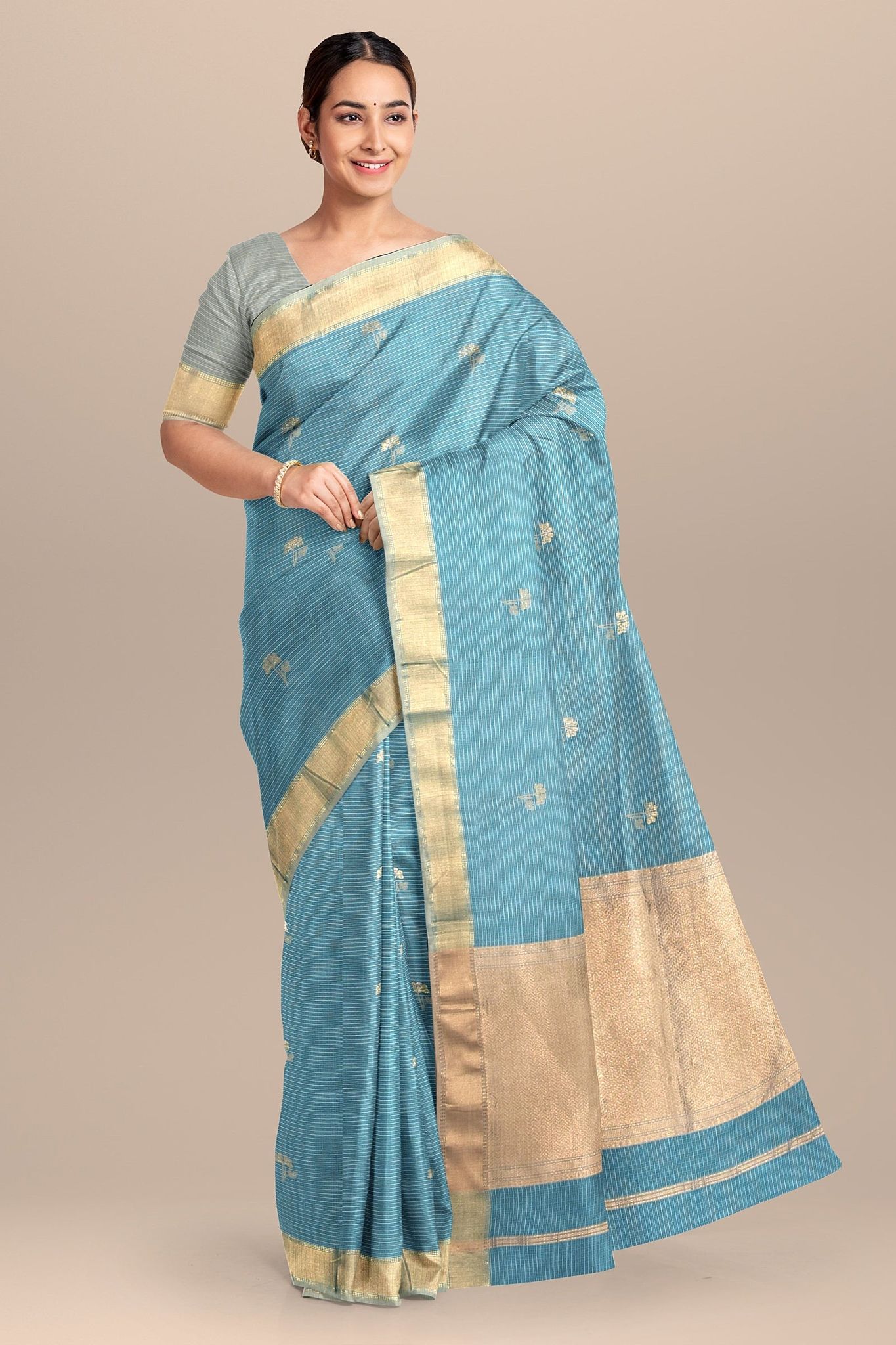 Turquoise Blue Handwoven  Maheshwari Silk with Zari Border Saree SKU-BS10050