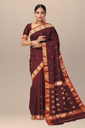 Wine Red Buti Handwoven  Maheshwari Silk Saree with Red and Golden Zari Border  SKU- BS10110