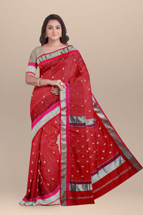 Maroon Diya Buti Handwoven Sausar Silk with Silver Zari Border Saree SKU-BS10025