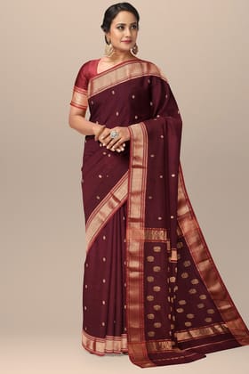 Wine Color Buti Handwoven Sausar Silk Saree with Zari Border and Buta Palla  SKU- BS10119