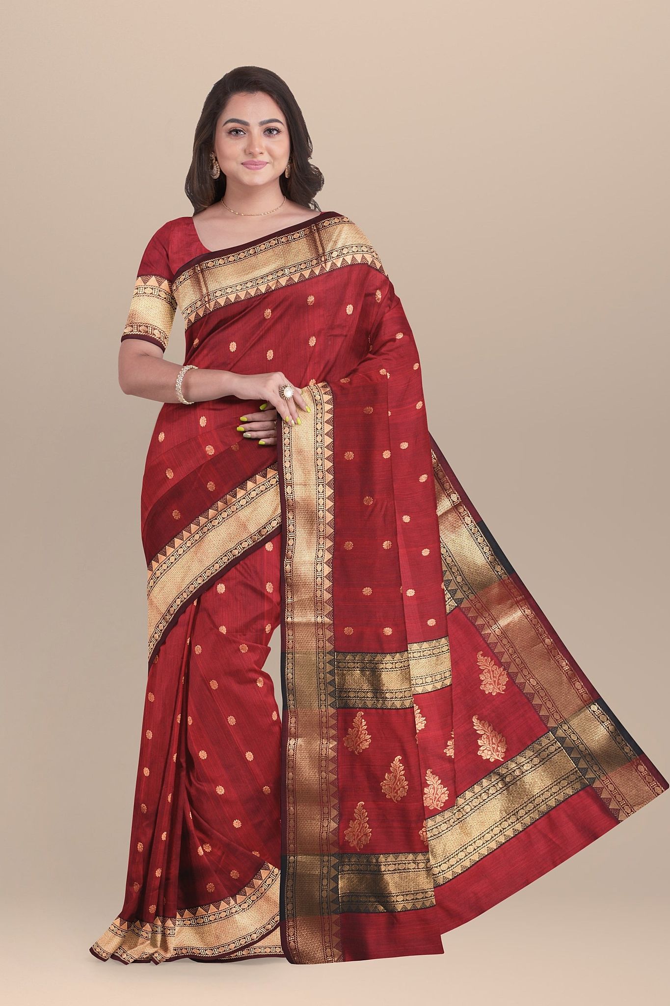 Maroon Handwoven Traditional Floral Buta Chanderi With Golden Zari Border SKU - BS10141