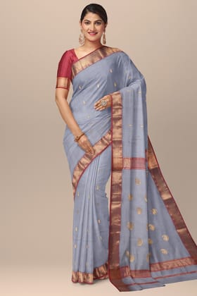 Metallic Grey Carry Buti Handwoven Sausar Silk with Zari Border and Carry Buta Print Saree SKU-BS10038