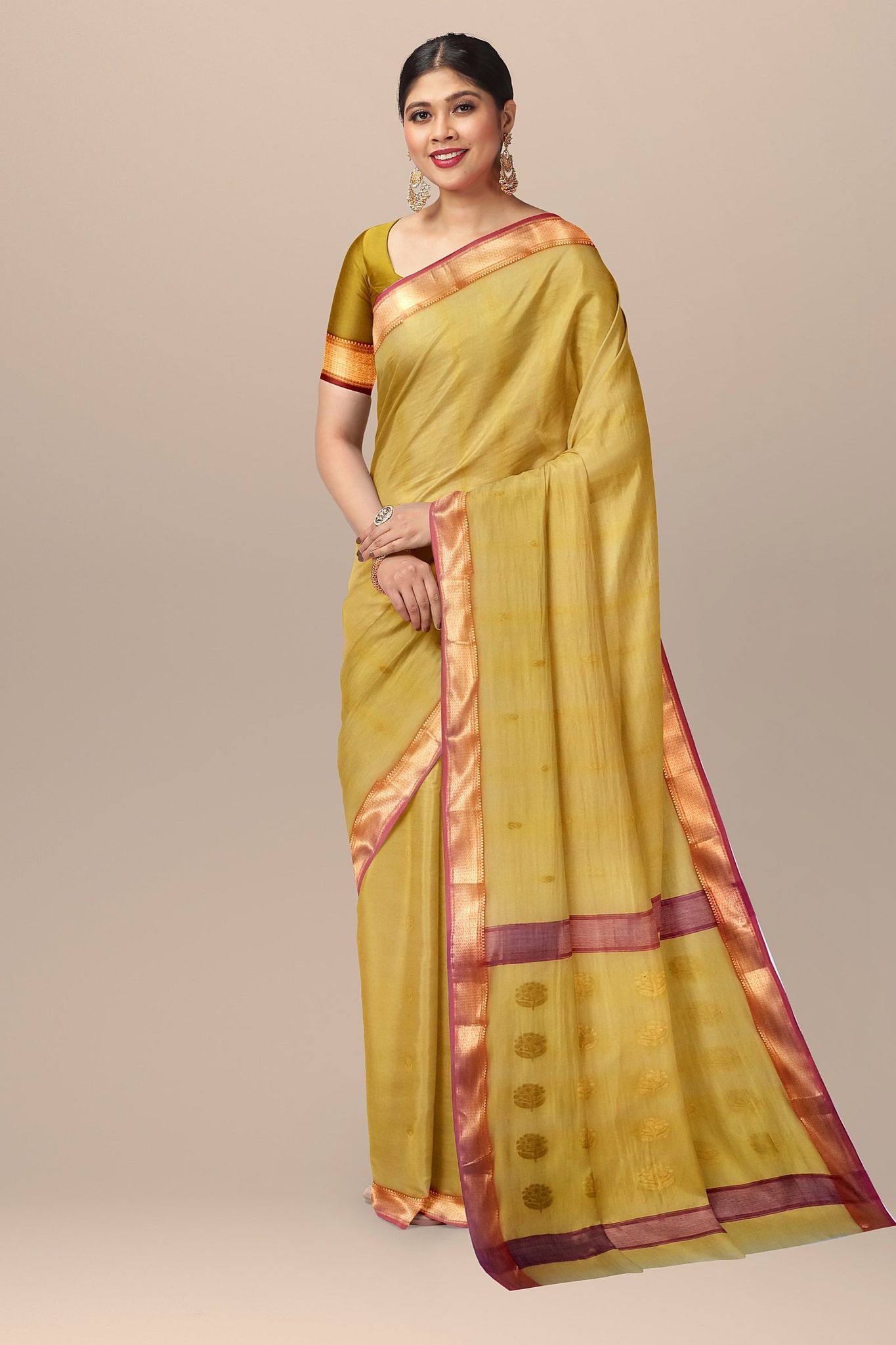 Mustard Yellow Buti Handwoven  Maheshwari  Silk Saree with Red and Golden Zari Border Saree SKU- BS10111