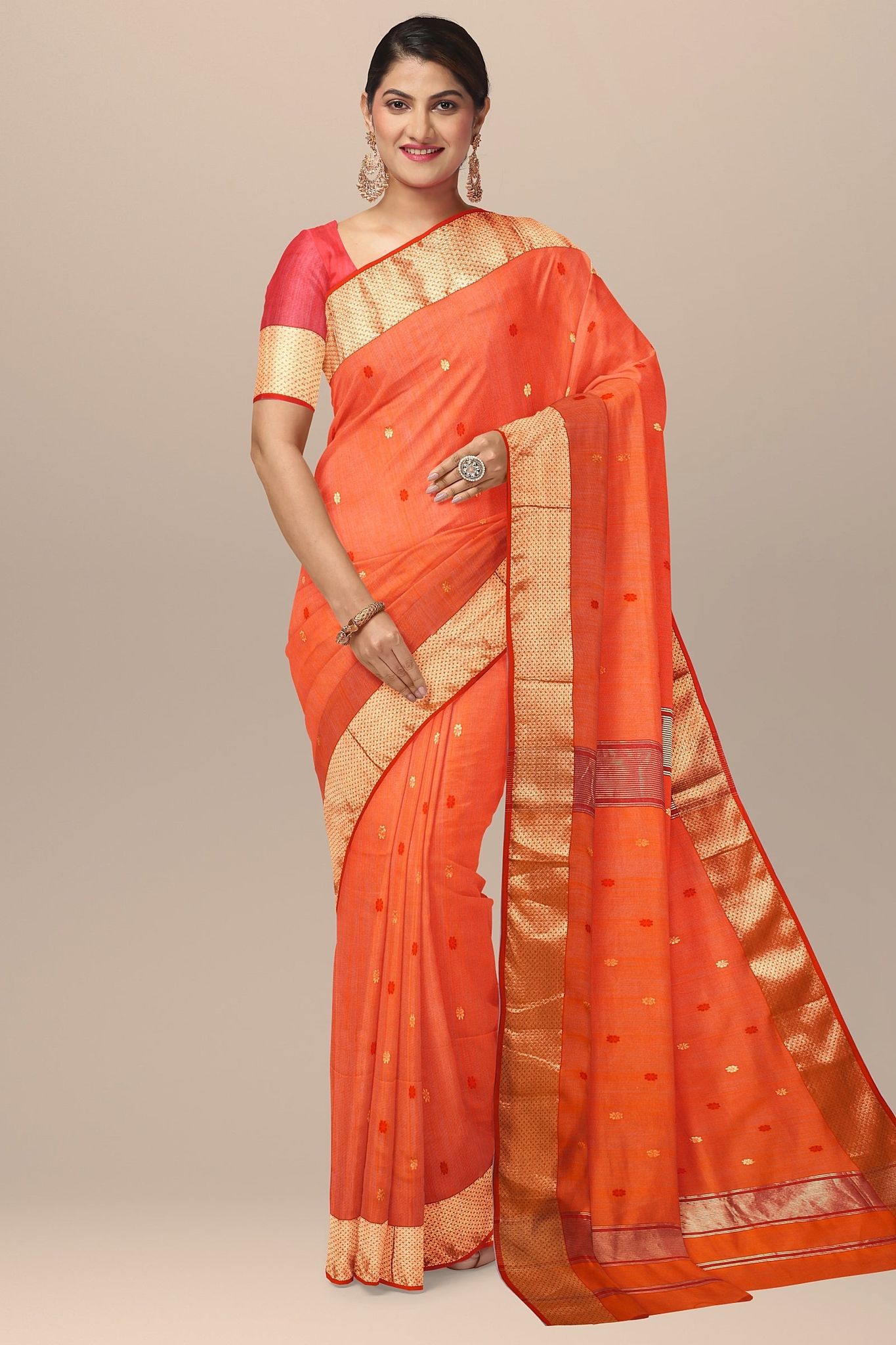 Orange Rui Buti Handwoven  Maheshwari  Silk with Zari Border Saree SKU-BS10044