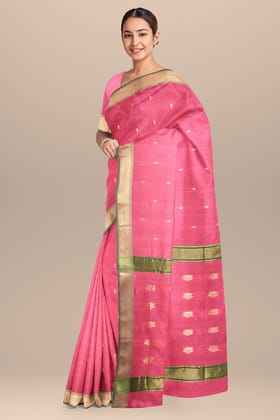 Punch Pink Titli Buti Handwoven Maheshwari Silk with Zari Border and Buta Palla Saree SKU-BS10124