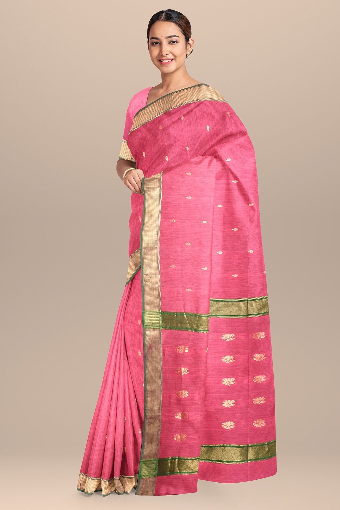 Punch Pink Titli Buti Handwoven Maheshwari Silk with Zari Border and Buta Palla Saree SKU-BS10124