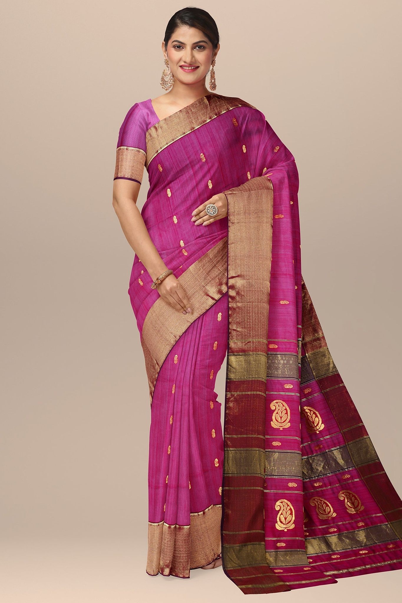Rani Pink Handwoven Traditional Buti Maheshwari  Silk with Zari Border Saree SKU-BS10113