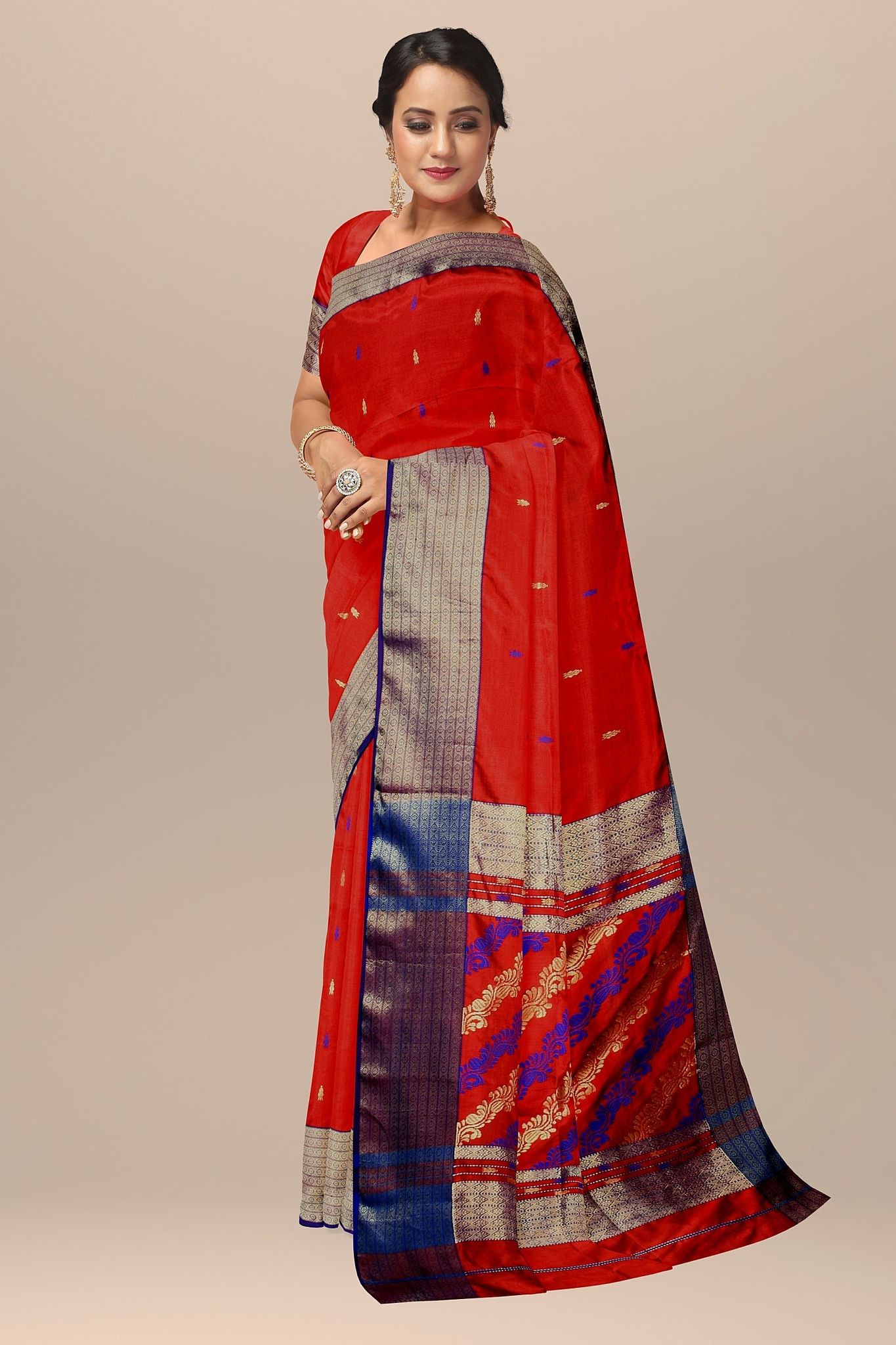 Red Buti Handwoven Mulberry Sausar Silk with Zari Border and Bel Palla Saree SKU- BS10131