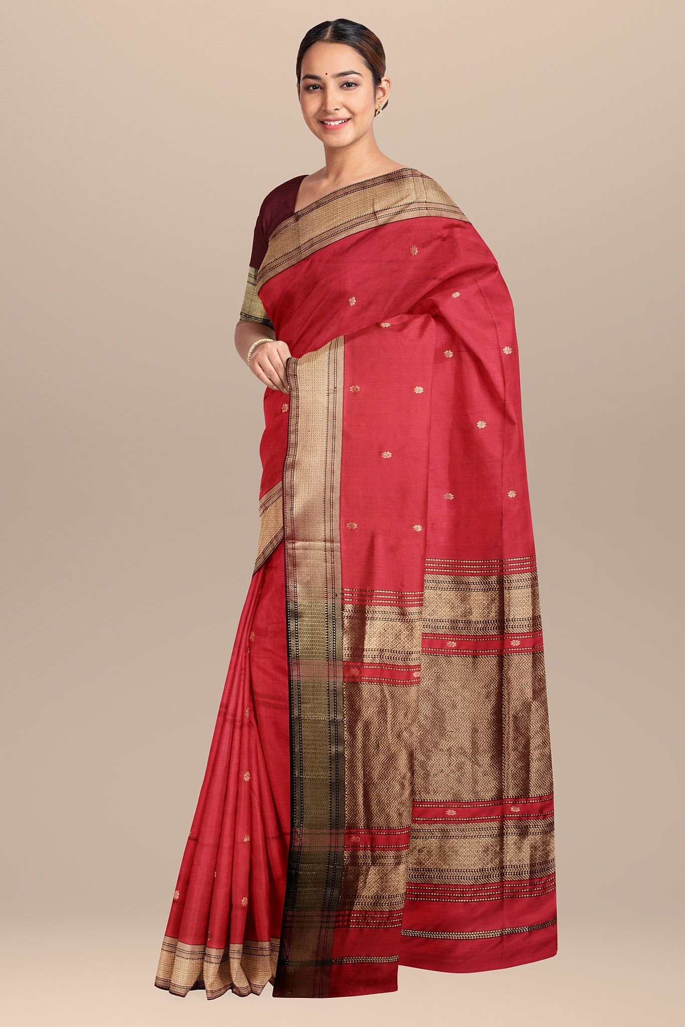 Rose Red Rui Buti Handwoven Mulberry Sausar Silk with Broad Zari Border Saree SKU-BS10133