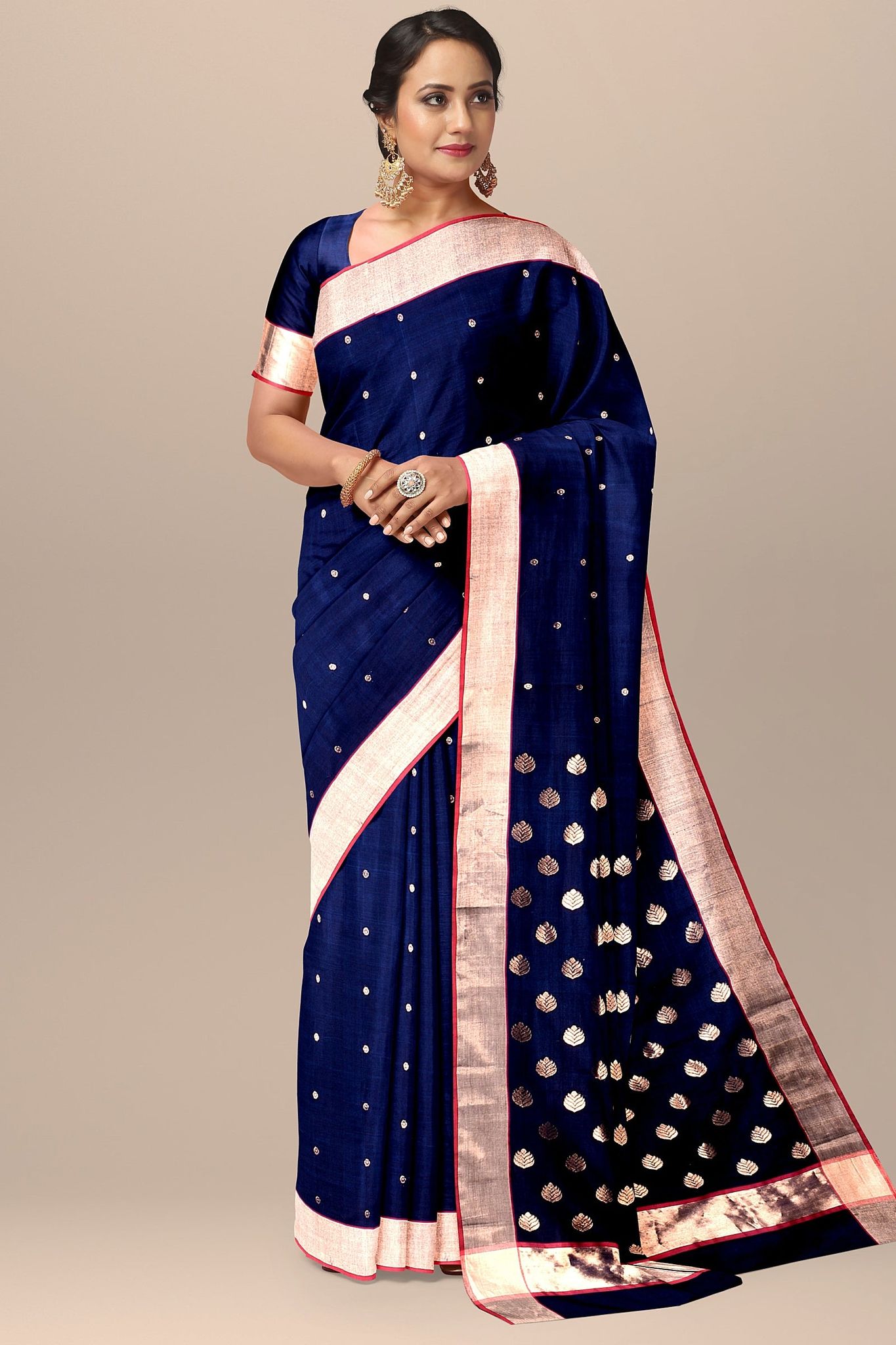 Navy Blue Floral Buta Handwoven Chanderi Saree With Golden Zari Border SKU - BS10140