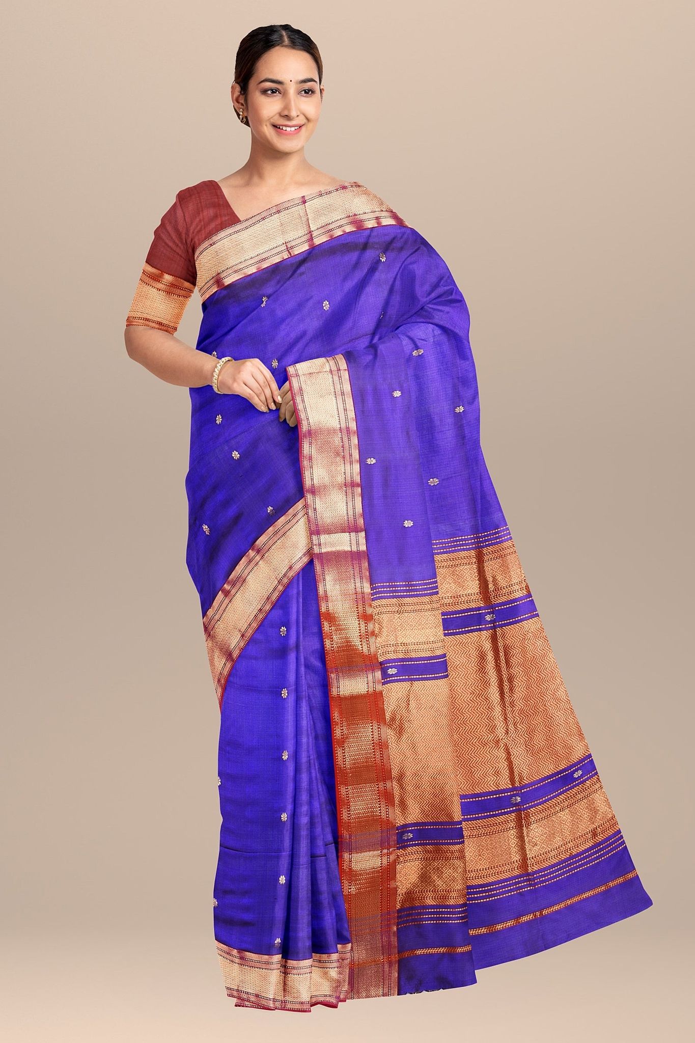 Royal Blue Handwoven Rui Buti Mulberry Sausar Silk with Zari Border Saree SKU-BS10069