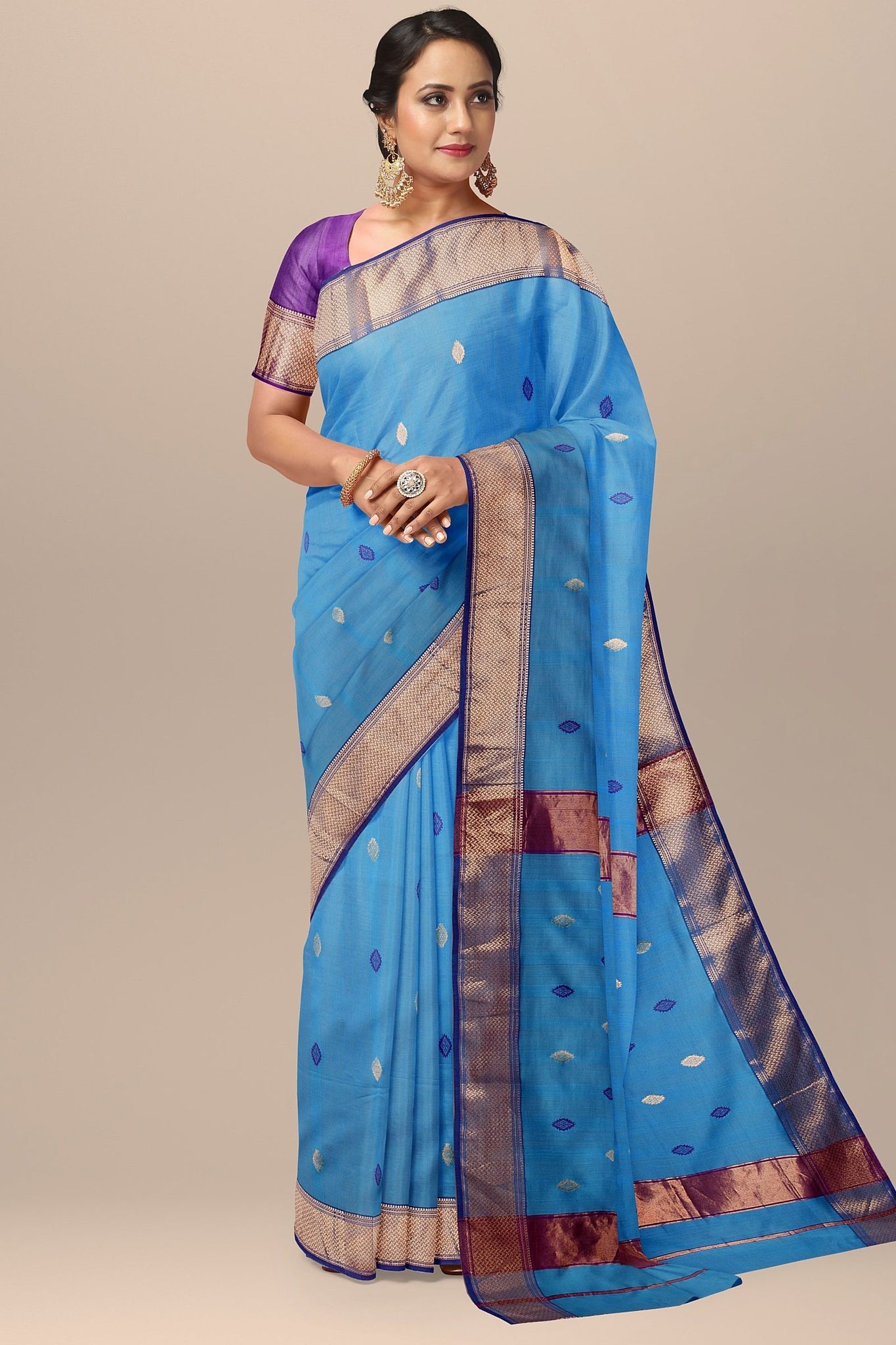 Sky Blue Diamond Buta  Maheshwari Silk with Zari Border Saree SKU-BS10031