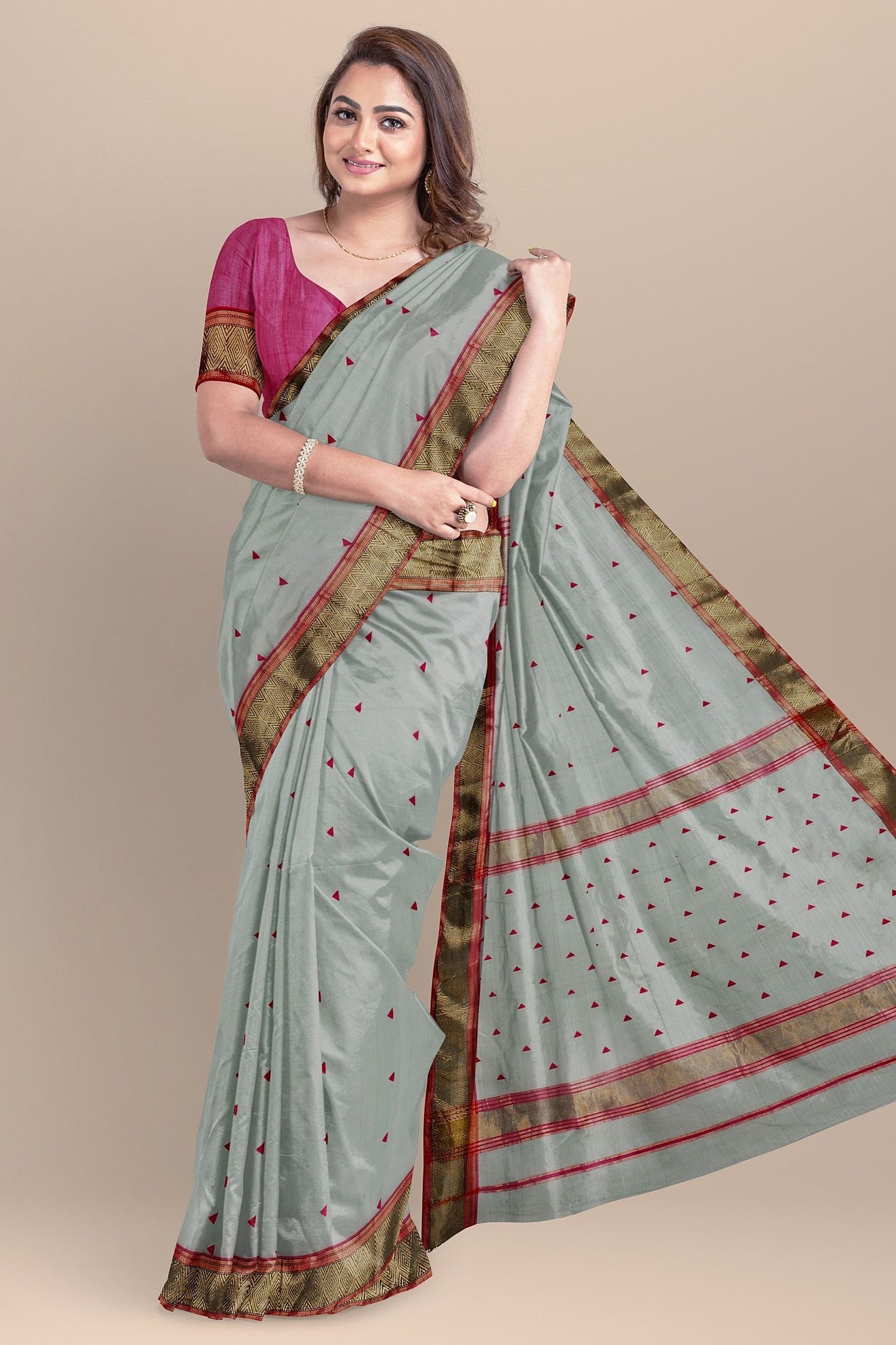Tea Green Buti Handwoven  Maheshwari  Silk with Triangle Buti Border Saree SKU - BS10007