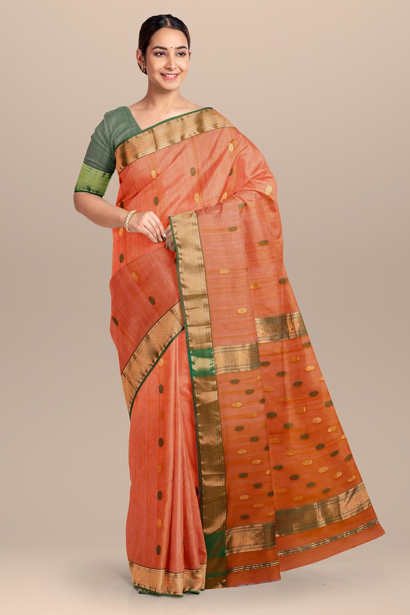 Yam Orange Rudraksh Buti Handwoven  Maheshwari Silk with Zari Border Saree SKU-BS10106