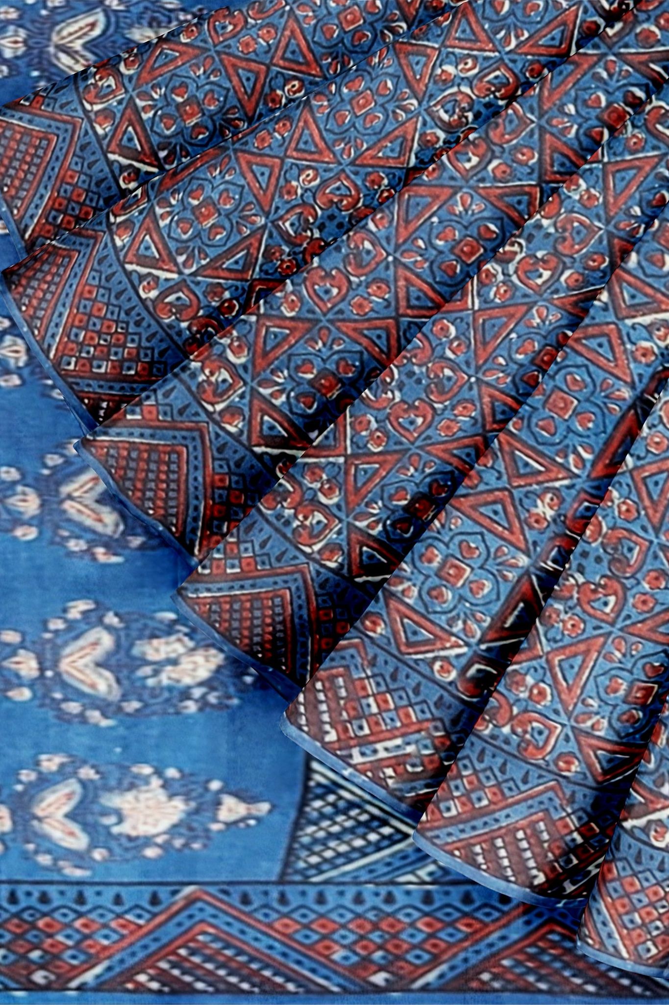 Nandana Indigo Dabu Malmal Cotton Saree With Floral Motifs SKU-BS10173