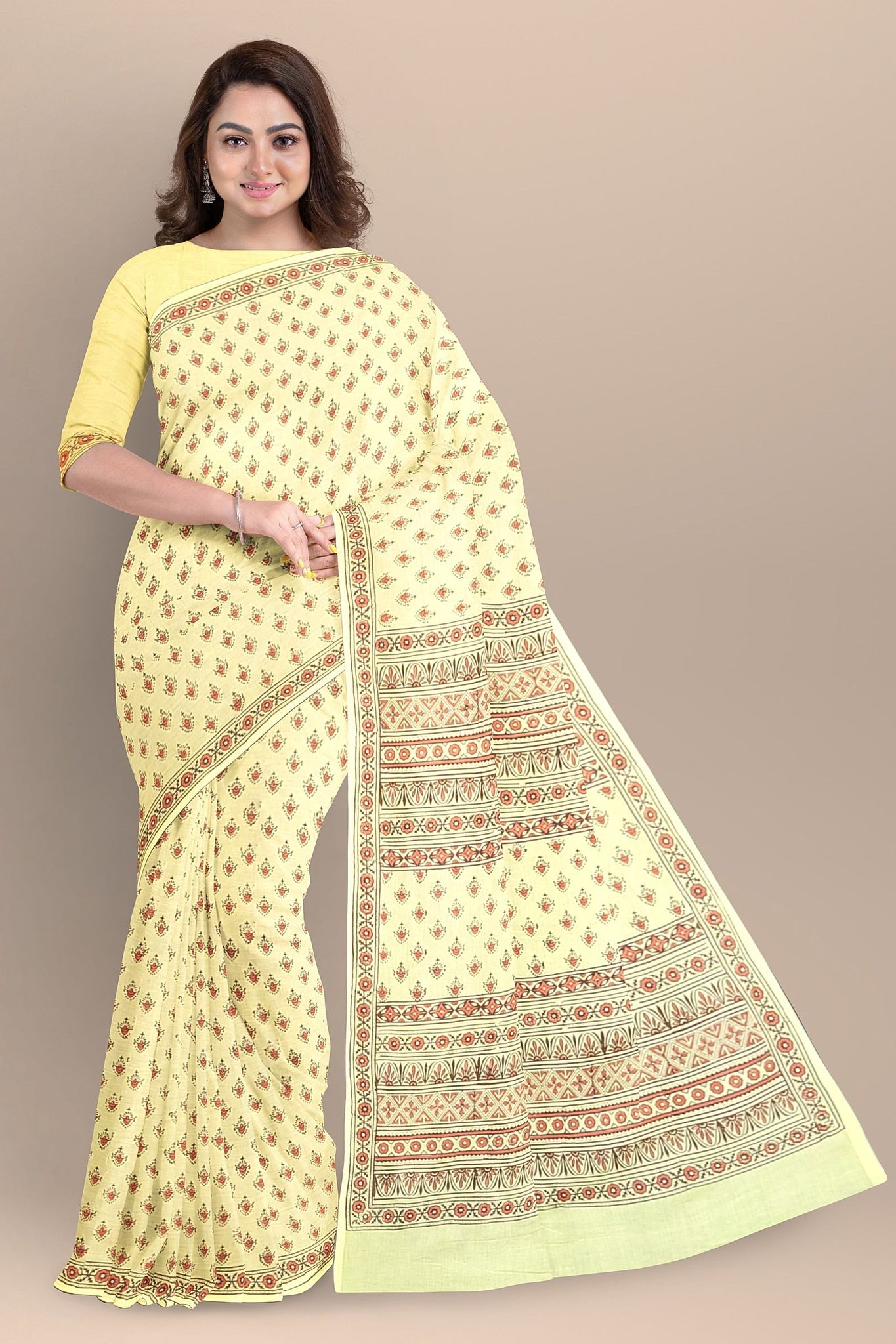 Lemon Yellow Buti Motif Chippa Hand Block Print Malmal Cotton Saree SKU-AS10074