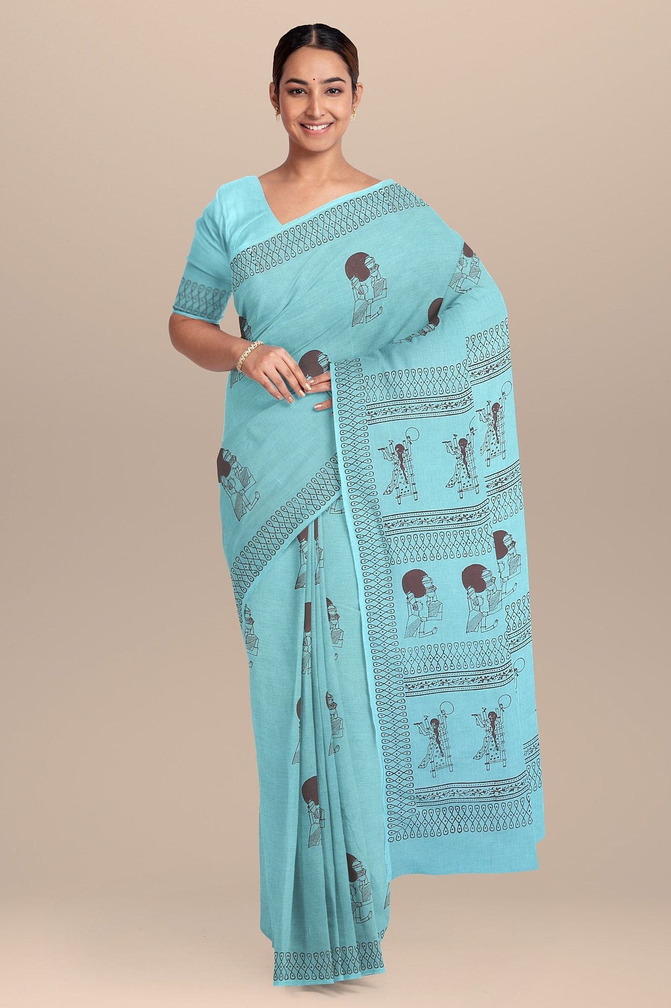 Anupriyaâ€™s Turquoise Hand Block Print Malmal Cotton Saree SKU- AS10069
