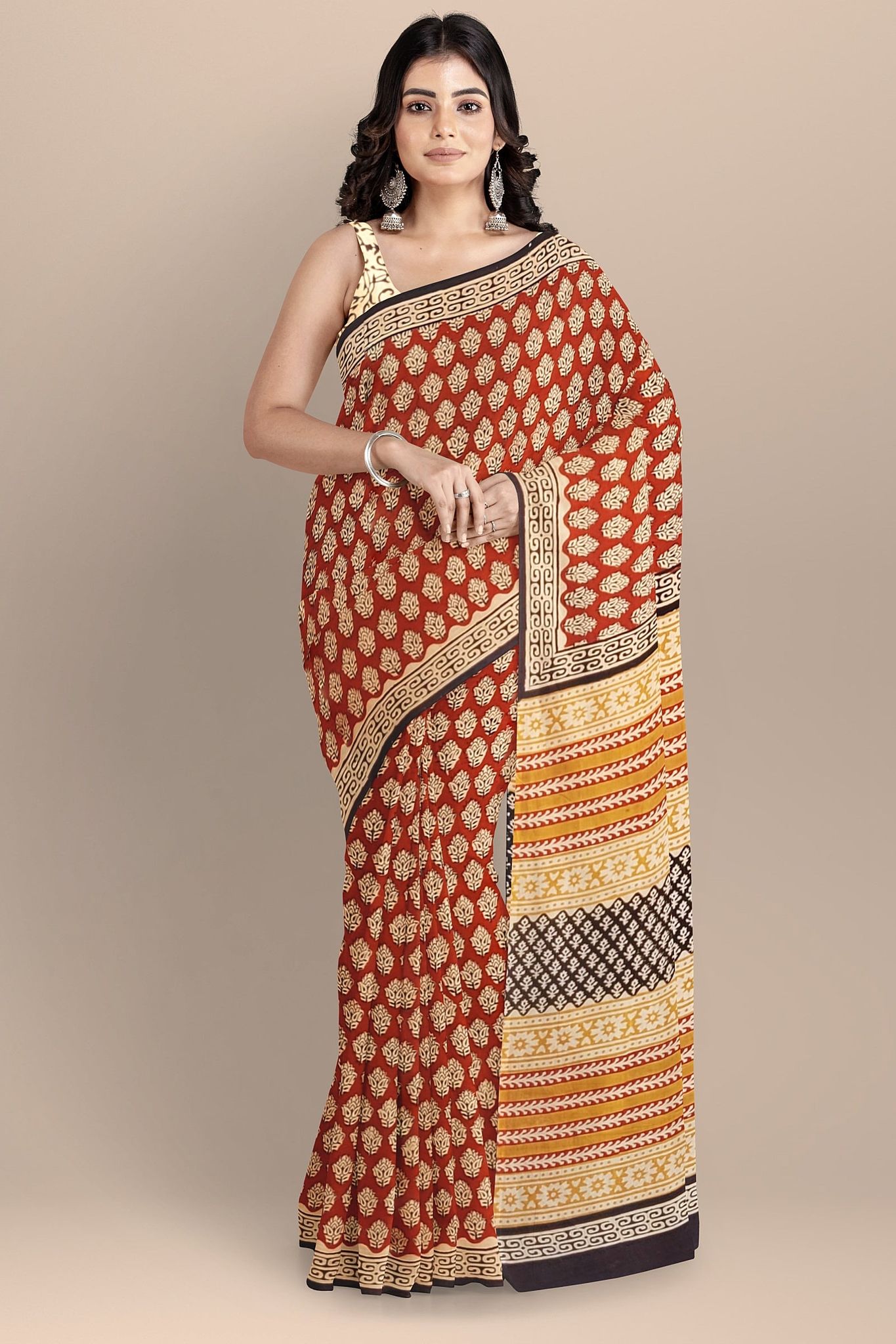 Maroon Buti Motif Chippa Hand Block Print Malmal Cotton Saree SKU-AS10076