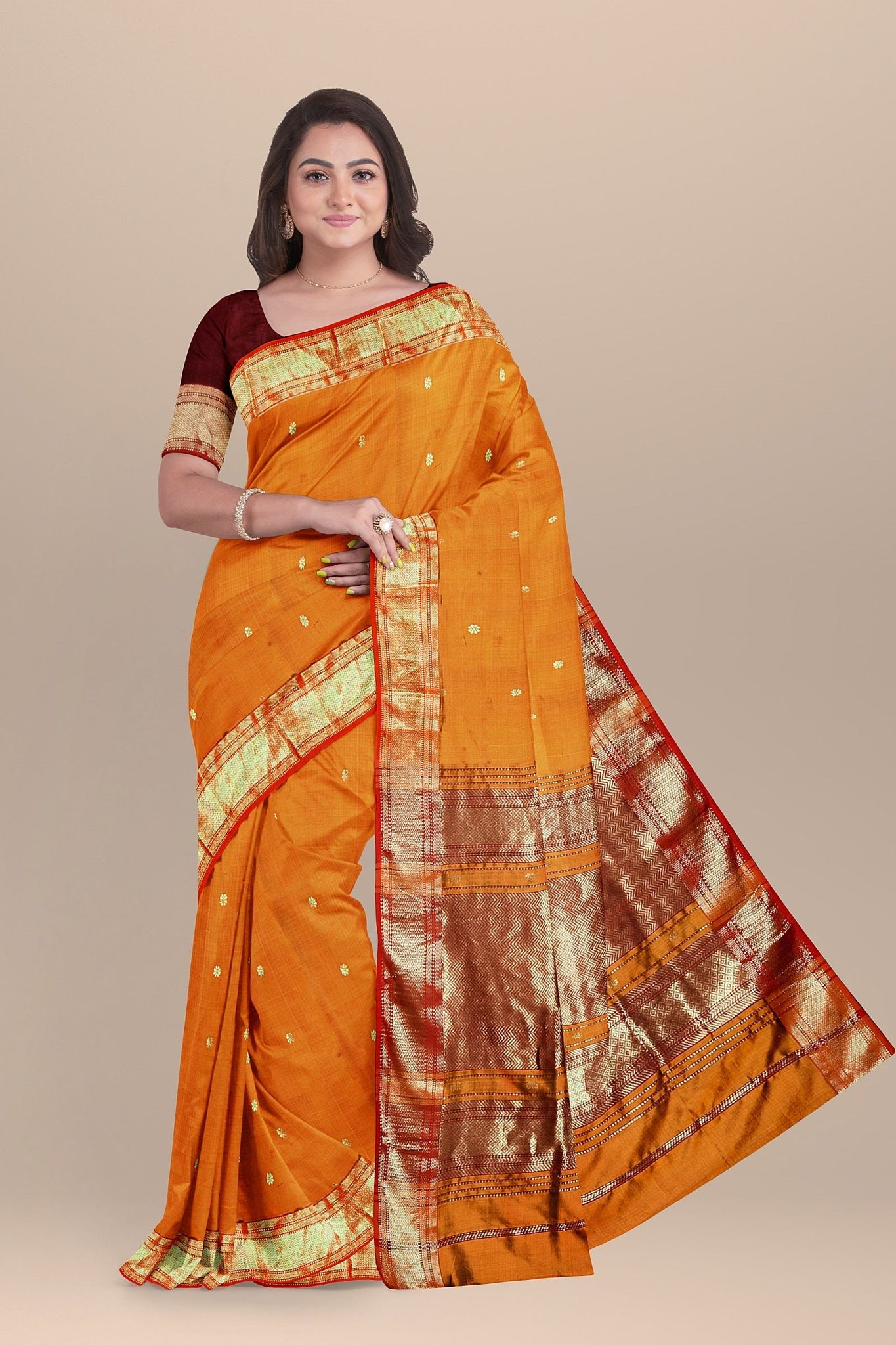 Mustard Dark Yellow Rui Buti Handwoven Mulberry Sausar Silk with Broad Zari Border Saree  SKU-BS10159