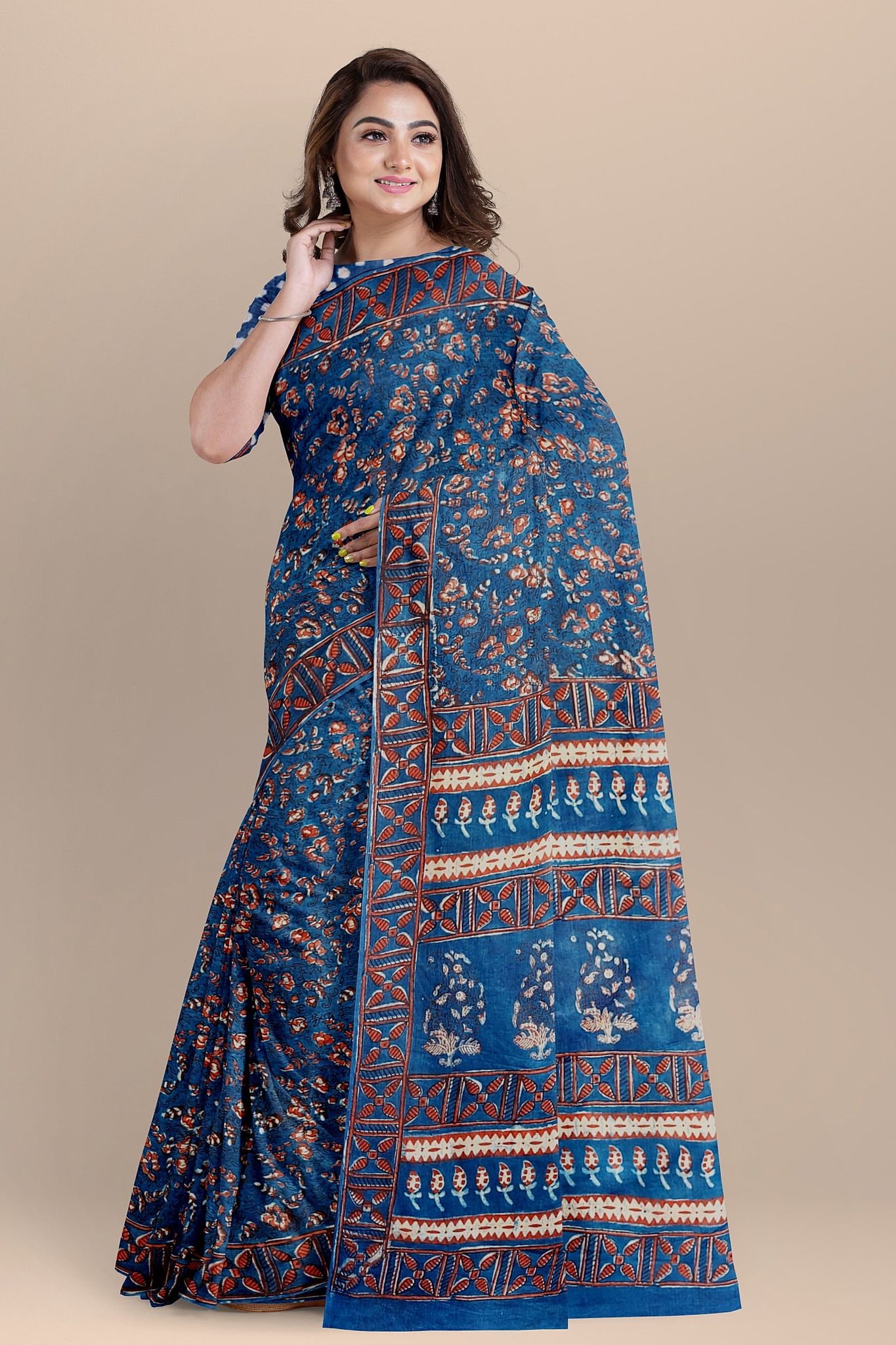 Nandana Indigo Dabu Malmal Cotton Saree With Floral Motifs  SKU-BS10169