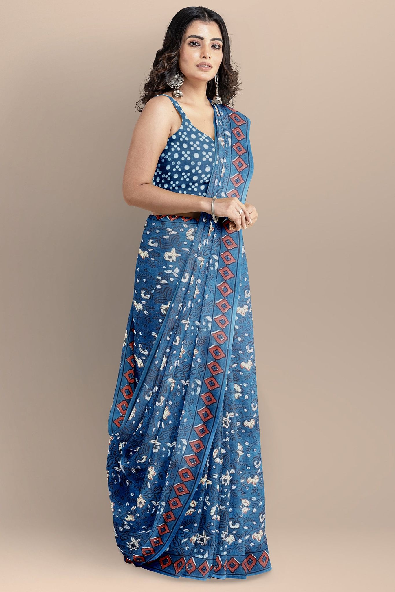 Nandana Indigo Dabu Malmal Cotton Saree With Floral Motifs SKU-BS10172