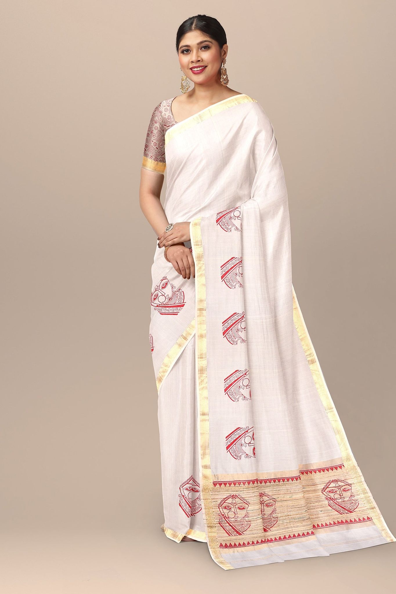 Off White Face Motif Handwoven Hand Block Printed Sausar Silk With Zari Border Saree SKU-AS10073