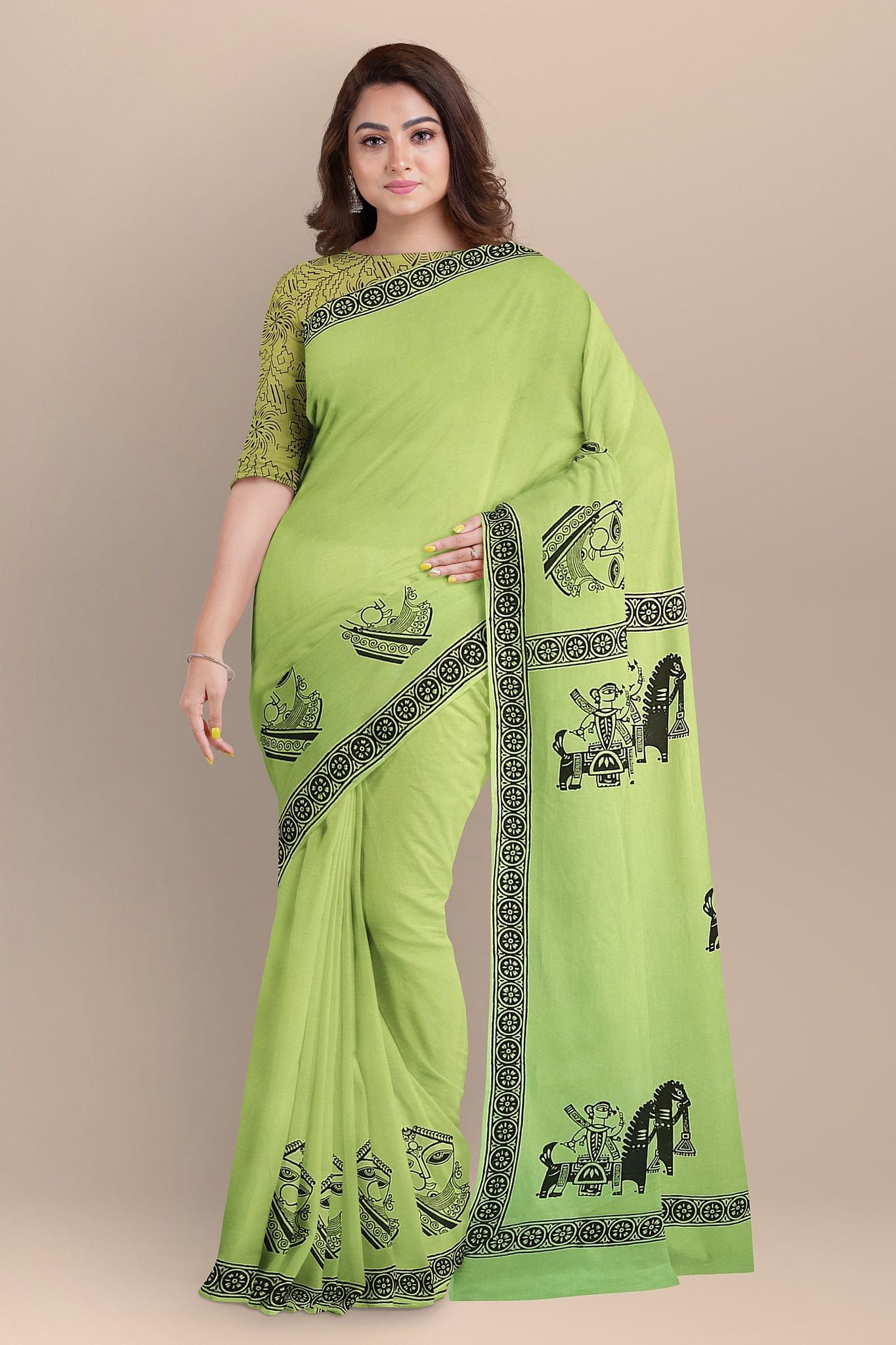 Parrot Green Face Motif Hand Block Print Malmal Cotton Saree SKU-AS10064