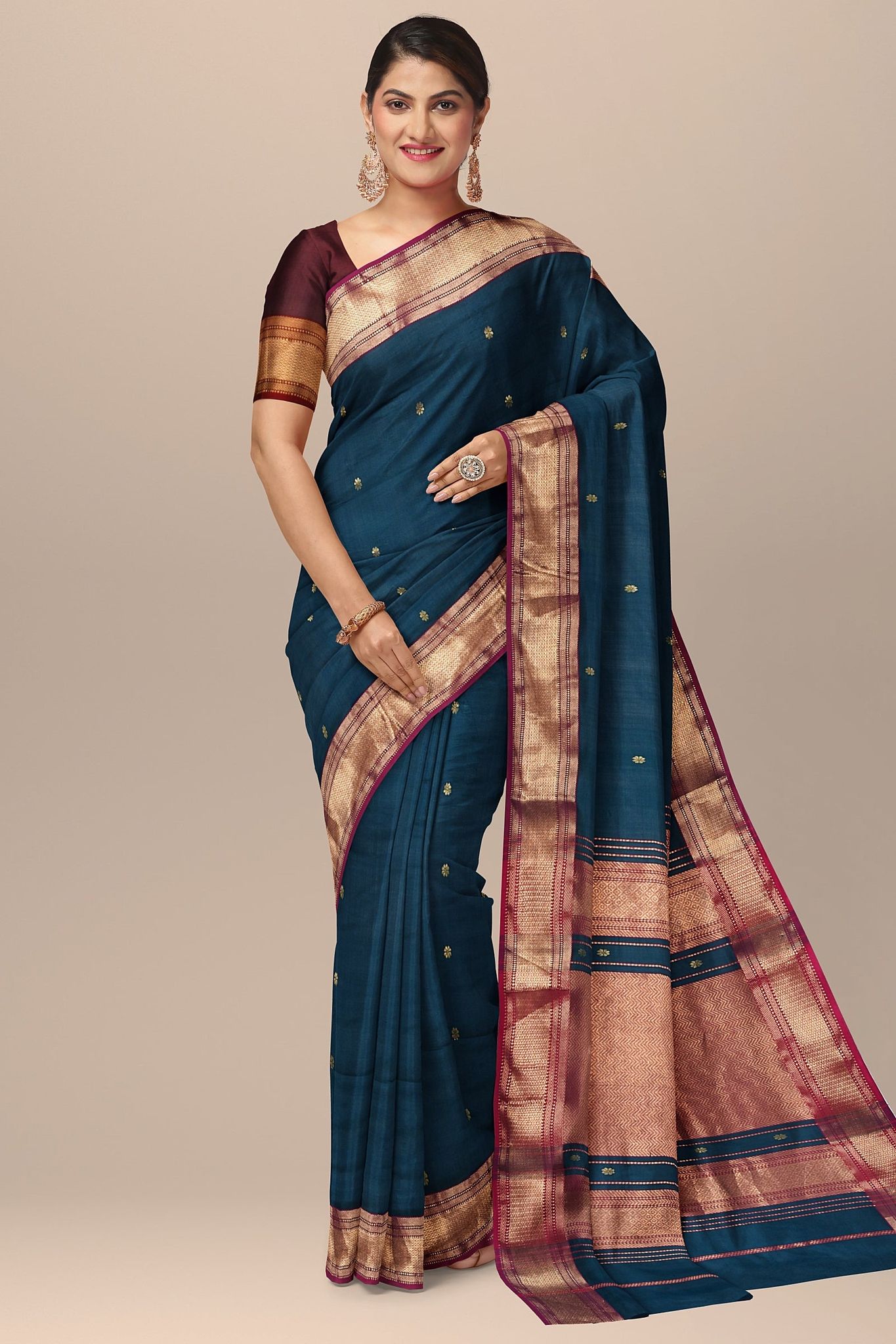Peacock Blue Handwoven Mulberry Sausar Silk With Rui Buti And Zari Border Saree SKU-BS10149