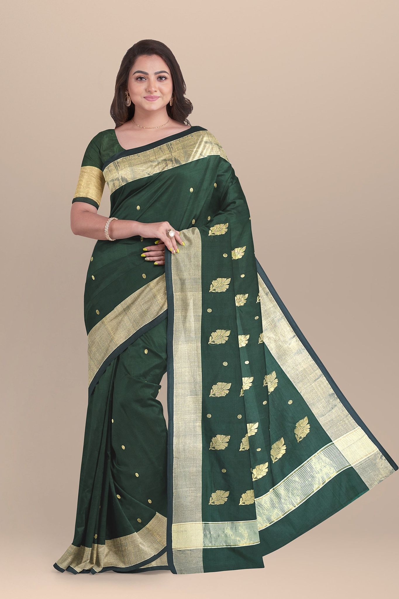 Pine Green Handwoven Traditional Floral Buta Chanderi With Golden Zari Border SKU - BS10155