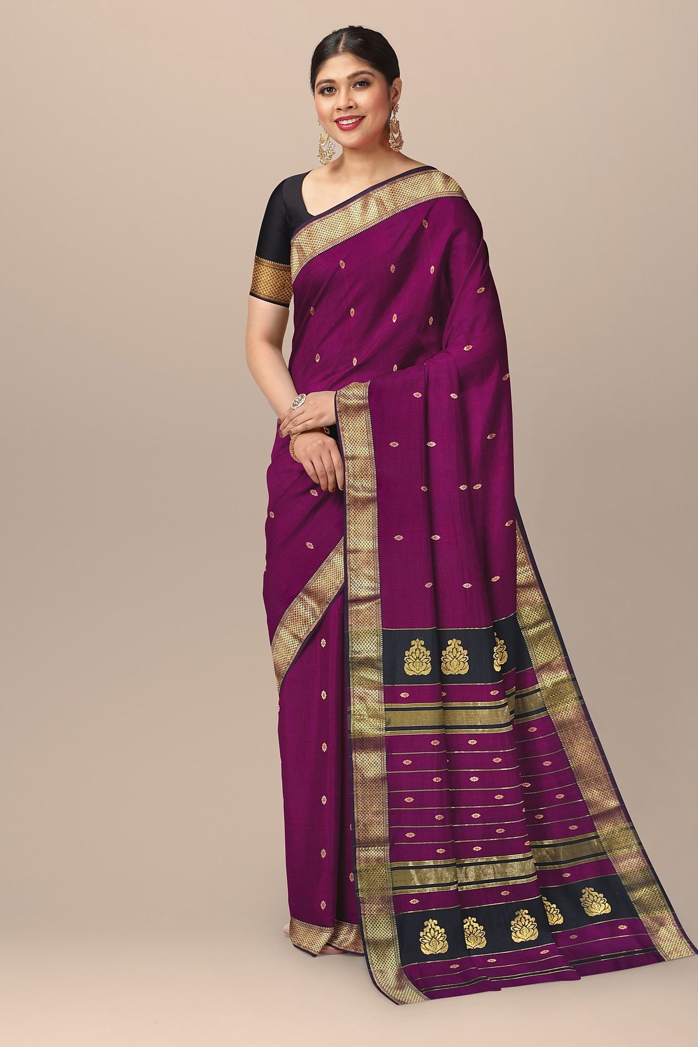 Purple Handwoven Sausar Silk with Zari Border and Black Buta Pallla Saree SKU- BS10125