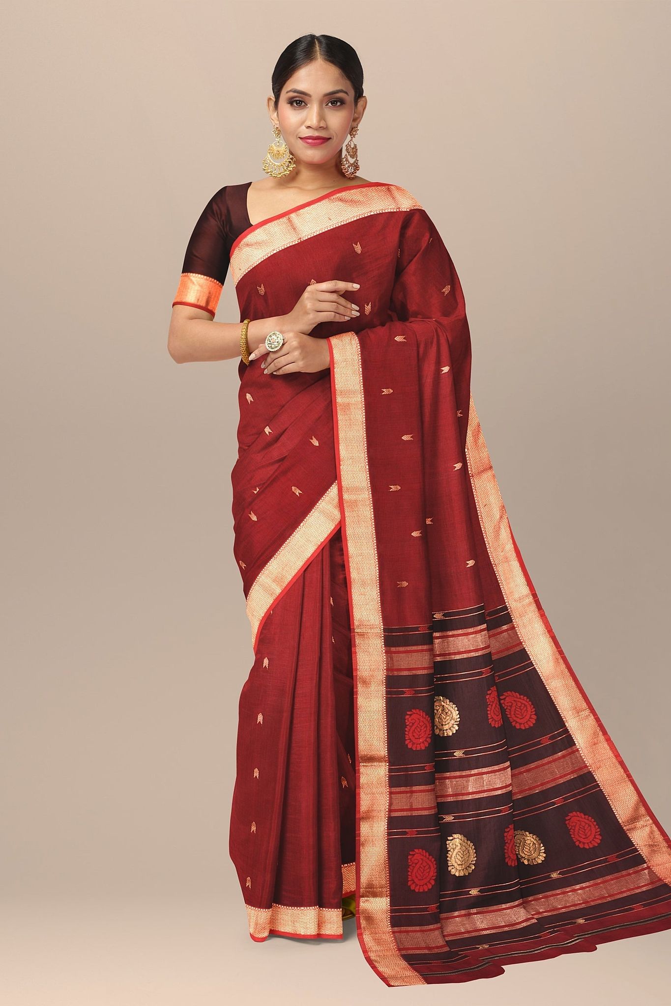 Red Buta Buti Handwoven  Maheshwari  Silk Saree SKU- BS10015