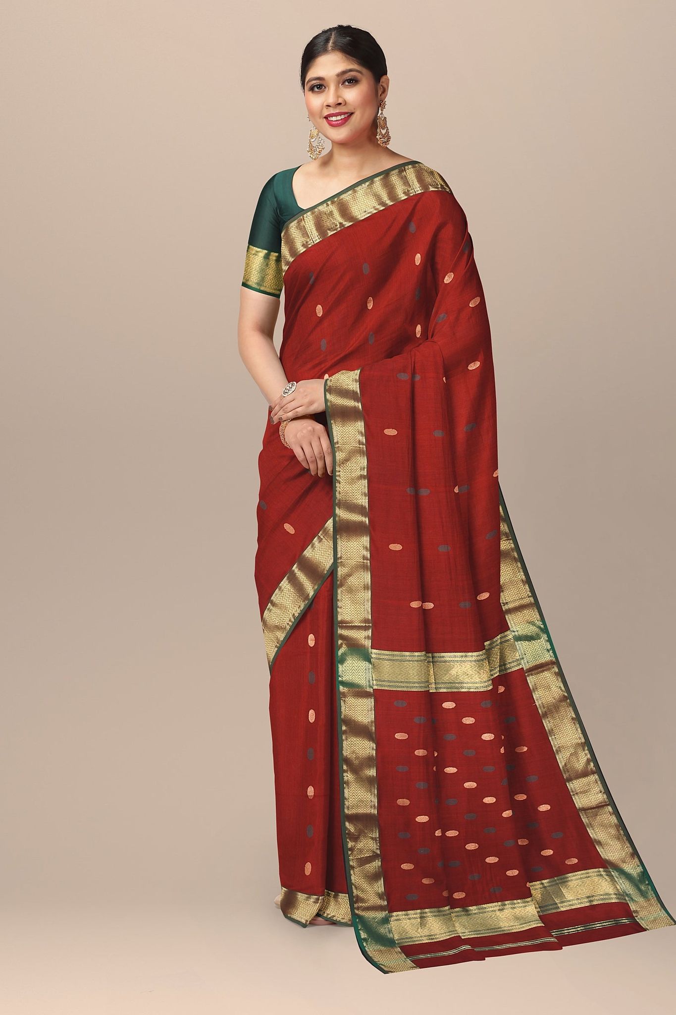 Red Buti Design Handwoven Sausar Silk Saree SKU-BS10104