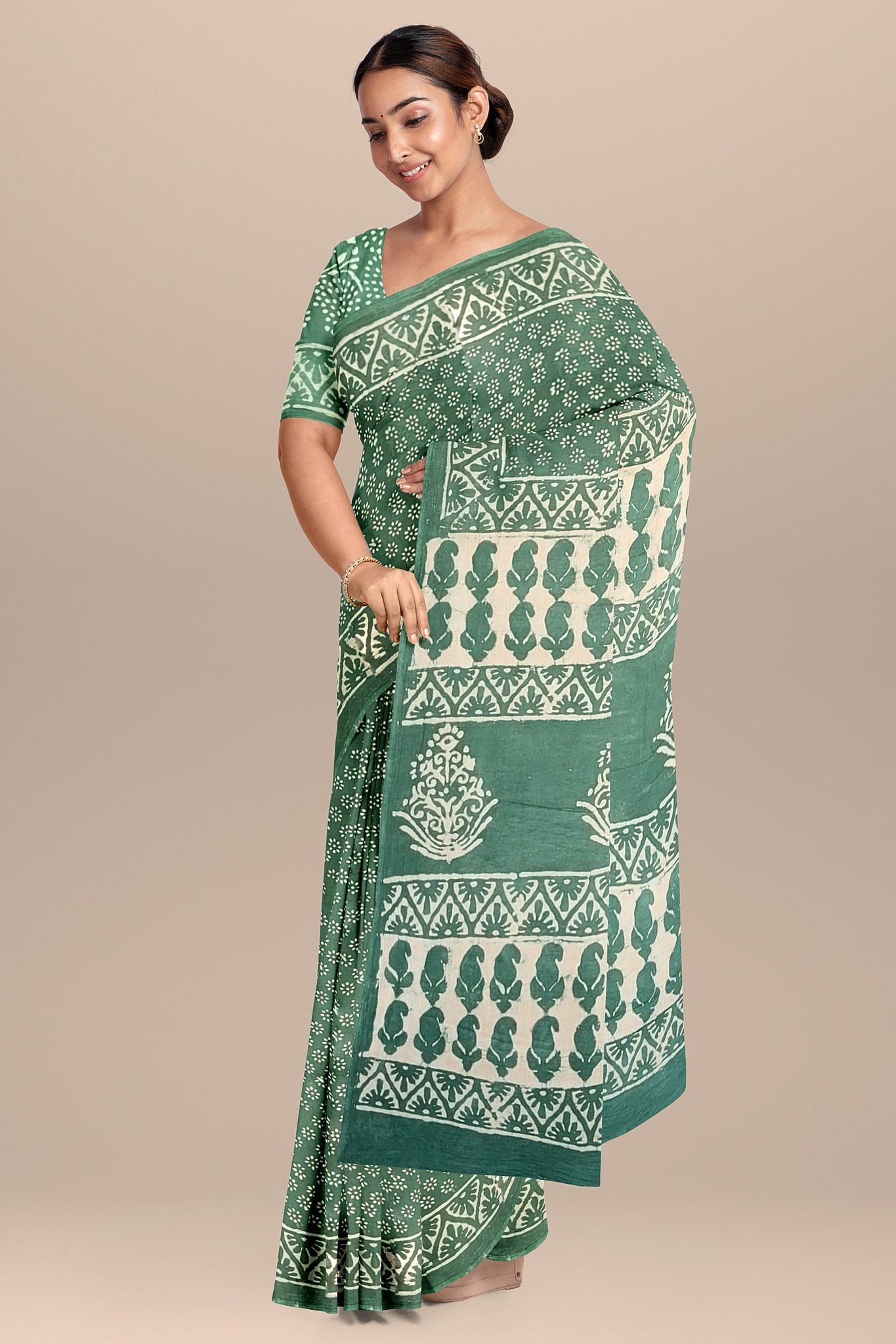 Sage Green Color Daboo Hand Block Print Malmal Cotton Saree SKU-BS10165