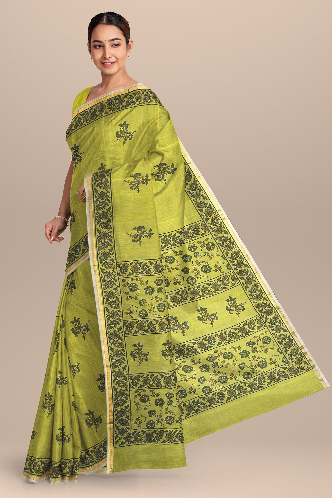 Sheen Green Floral Motif Handwoven Hand Block Print Sausar Silk Saree SKU-AS10071